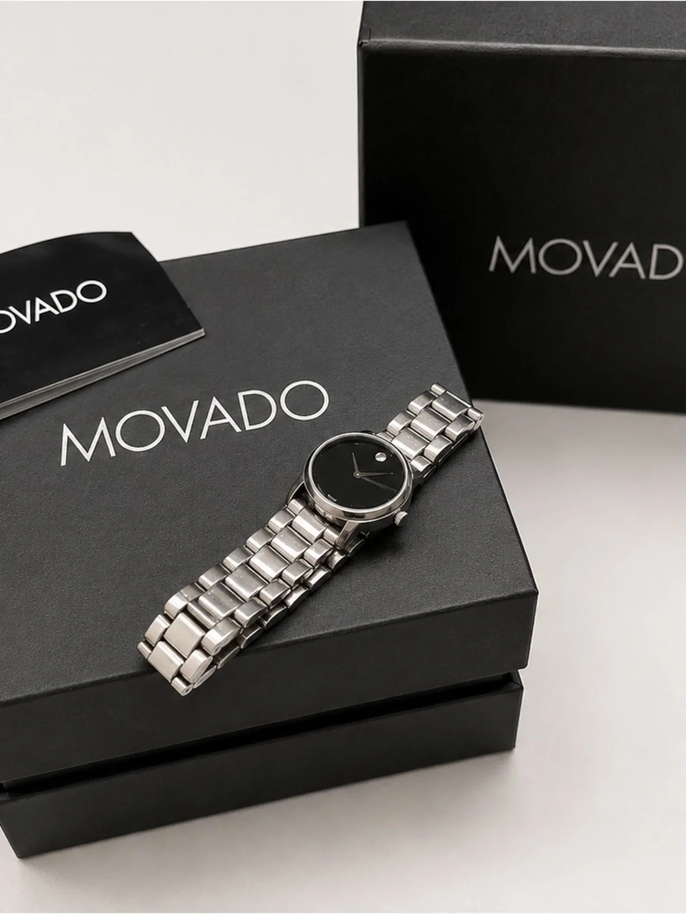 Movado Silver Bracelet Watch with Black Dial